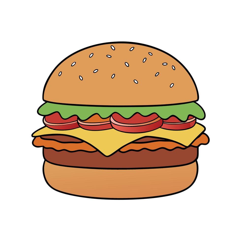 Beef Burger. Hamburger or Beefburger with Bacon. Fried Onions. Tomato Sauce. Pickled Cucumbers vector