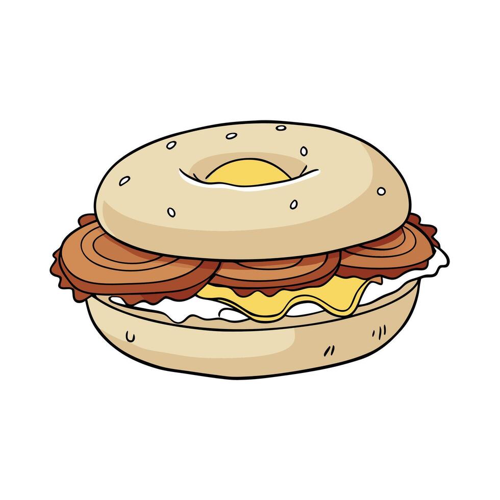 Breakfast egg and bacon sandwich on bagel with cheese. Copy space image. Place for adding text vector