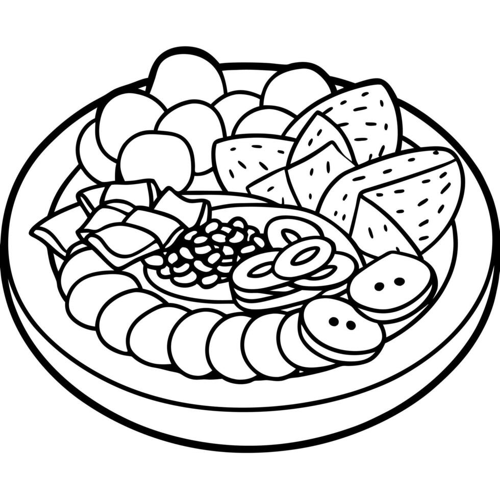 A platter of charcuterie featuring cured meats. sliced prosciutto. salami. and a selection of olives vector