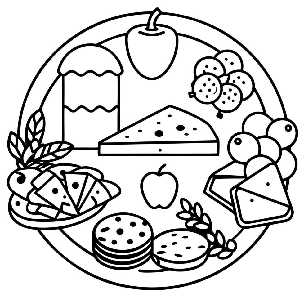 Assorted cheeses. meats. fresh fruits. nuts and appetizers beautifully arranged on a wooden board. vector