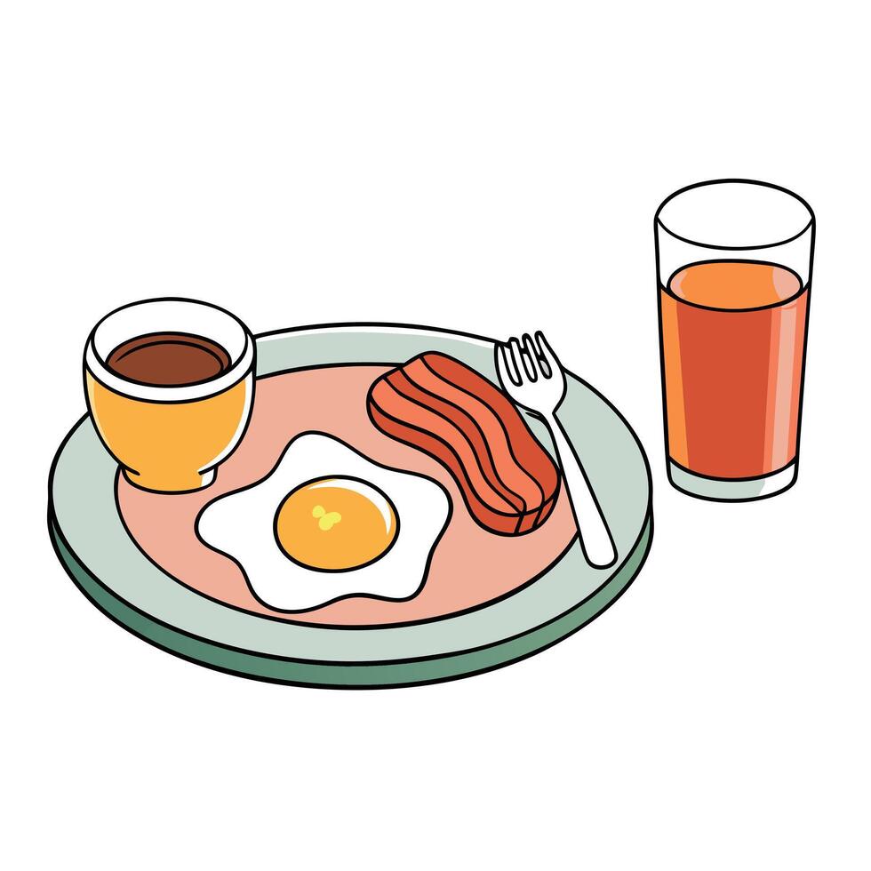 A plate of bacon and eggs sits on a table next to a cup of coffee and a glass of orange juice vector