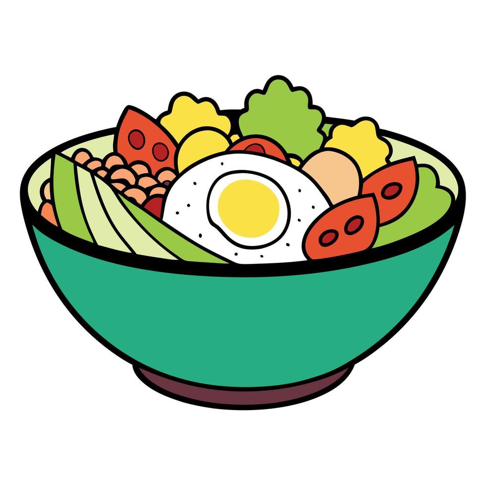A hearty Cobb salad featuring rows of bacon. eggs. avocado. chicken. and blue cheese crumbles vector