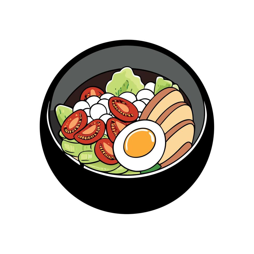 Cobb salad with chicken avocado tomatoes eggs bacon and cheese with sauce on a black table top view vector