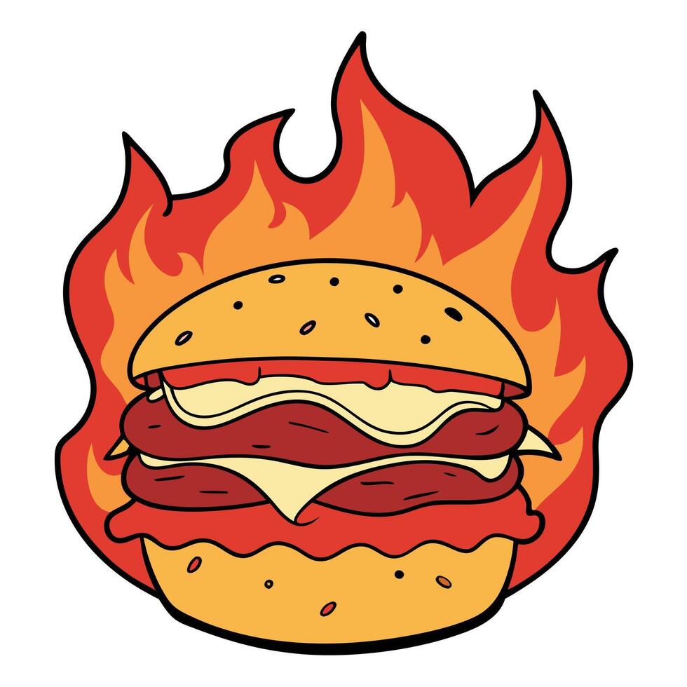A crispy burger with gooey cheese and crispy bacon. set against a fiery background of flames. vector