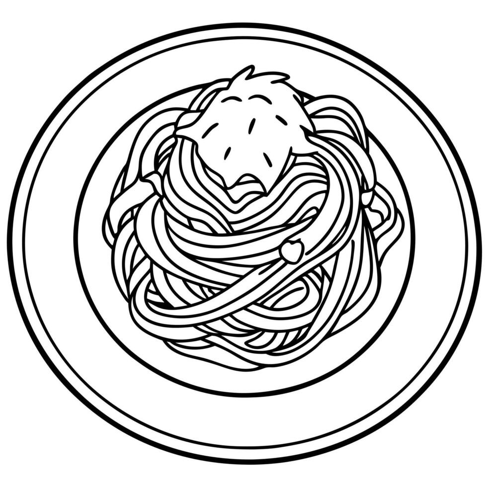 Italian dish of Spaghetti Carbonara with cream sauce top view on wooden table selective focus vector