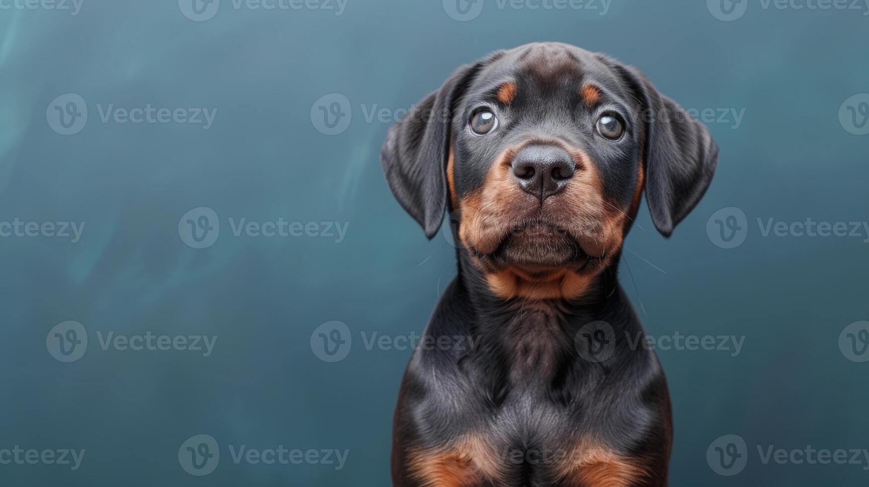 Sweet Rottweiler puppy against a blue background, showcasing its curious expression and adorable features. photo