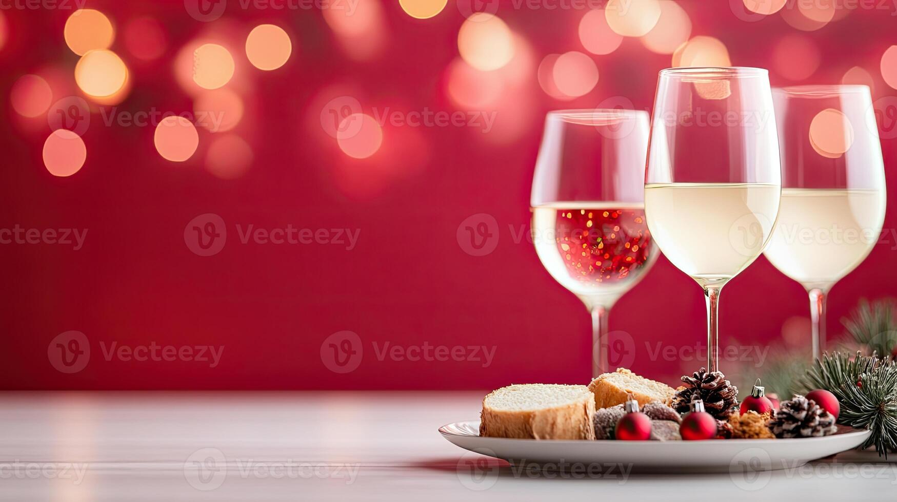 A cozy Christmas setting with wine glasses, festive treats, and pinecone decorations, all set against a warm red backdrop with twinkling lights. photo