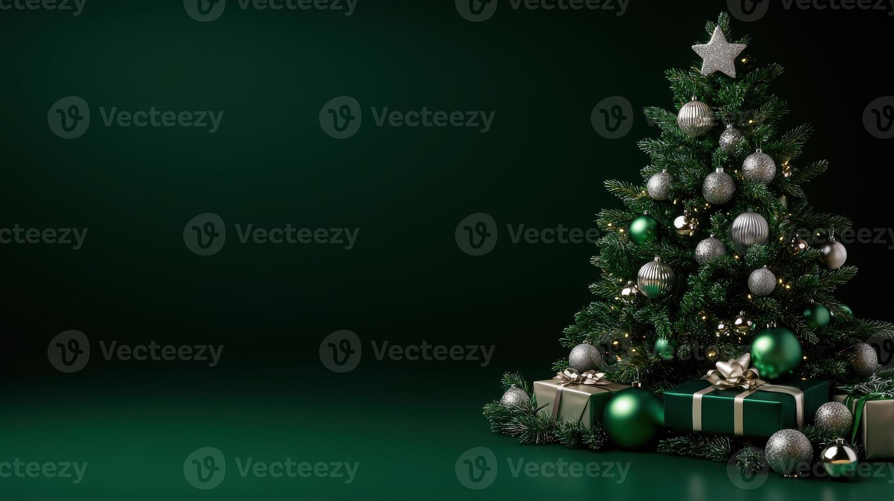 Elegant Christmas tree with silver and green ornaments, gifts wrapped in green and gold, set against a dark green background. photo