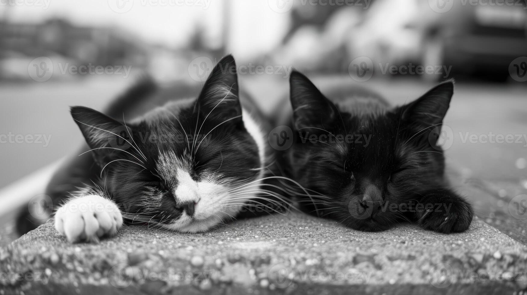 Close-up of two cats napping on a concrete block in a parking lot, highlighting their serene and relaxed expressions. photo