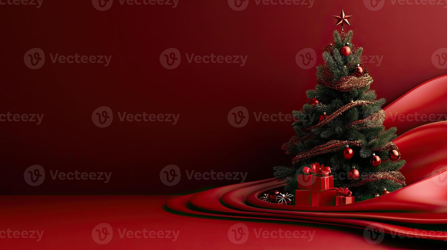 A festive Christmas tree with red and gold decorations is elegantly surrounded by flowing red fabric, highlighting the holiday ambiance. photo