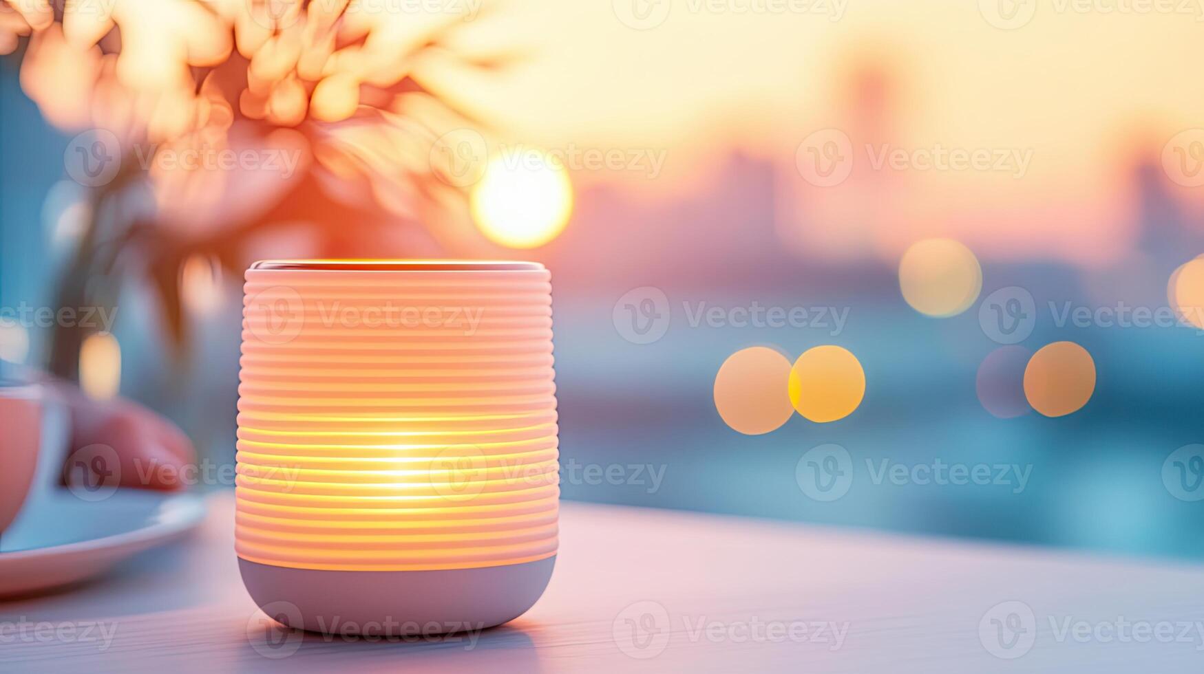 A softly glowing candle in a modern holder creates a cozy atmosphere during a serene sunset, with blurred city lights in the background. photo