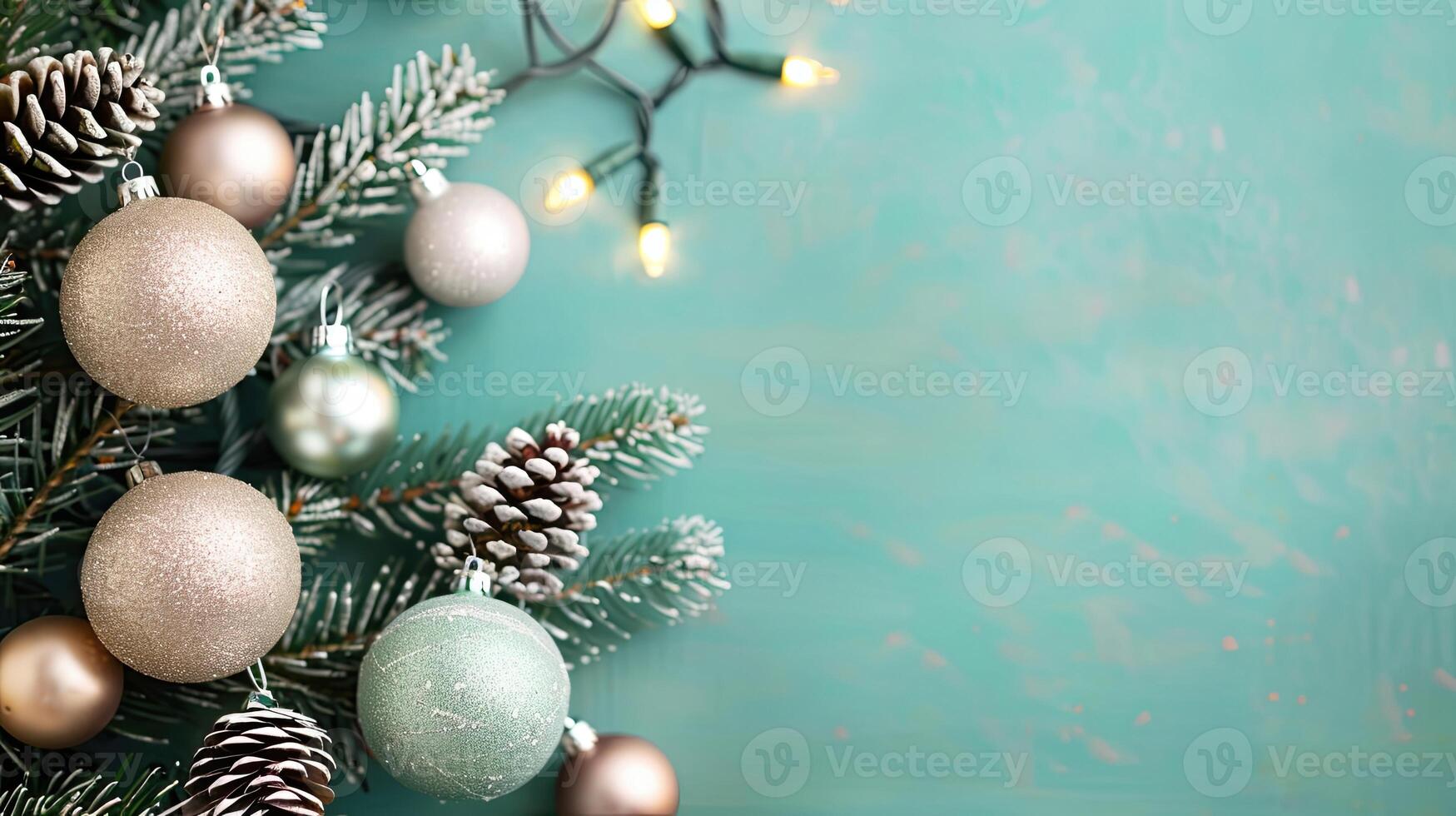 A close-up of a frosted Christmas tree with pinecones and elegant silver ornaments, illuminated by soft, warm lights against a teal background. photo