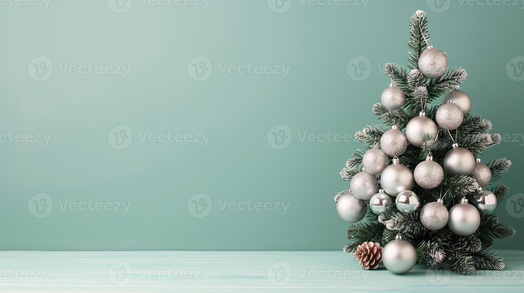 A small Christmas tree adorned with silver ornaments stands elegantly against a teal backdrop, creating a simple yet festive scene. photo