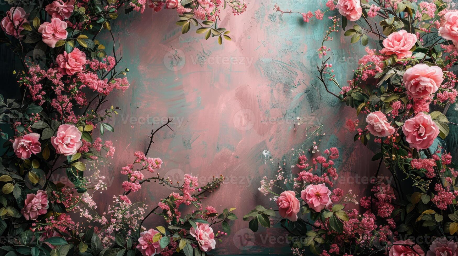 Lush arrangement of pink roses and greenery against a textured, artistic background, creating a romantic and elegant floral display. photo