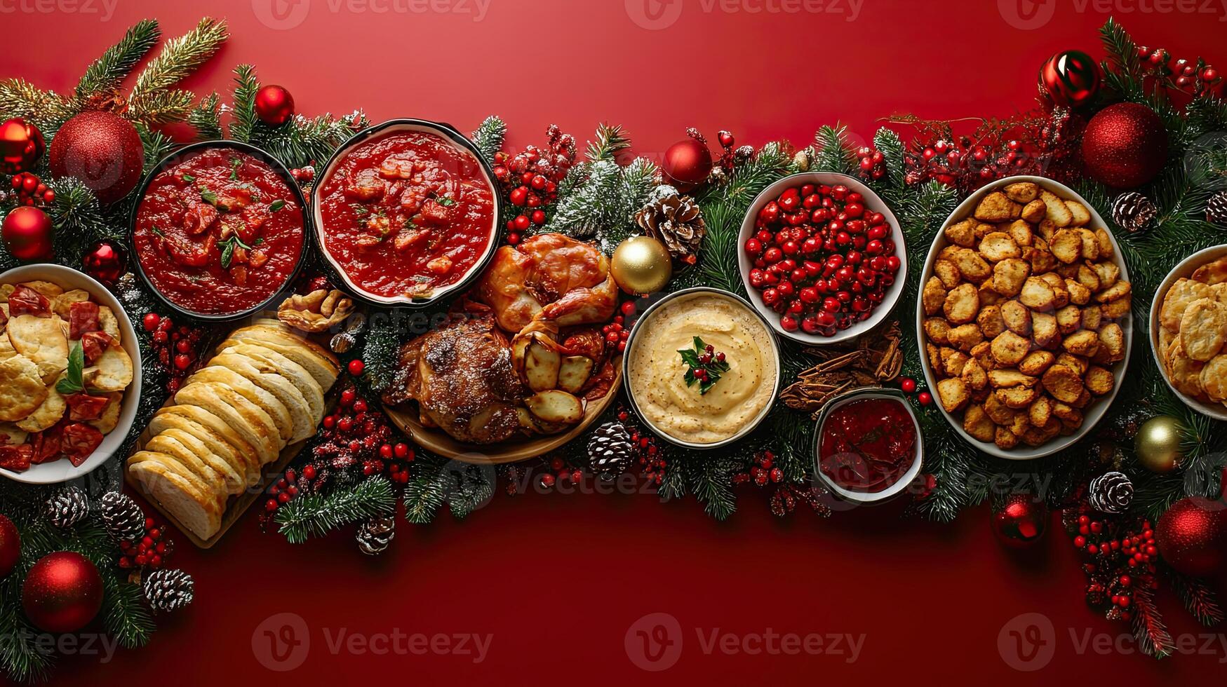 A lavish Christmas feast featuring an array of holiday dishes surrounded by festive decorations, creating a warm and inviting holiday table. photo