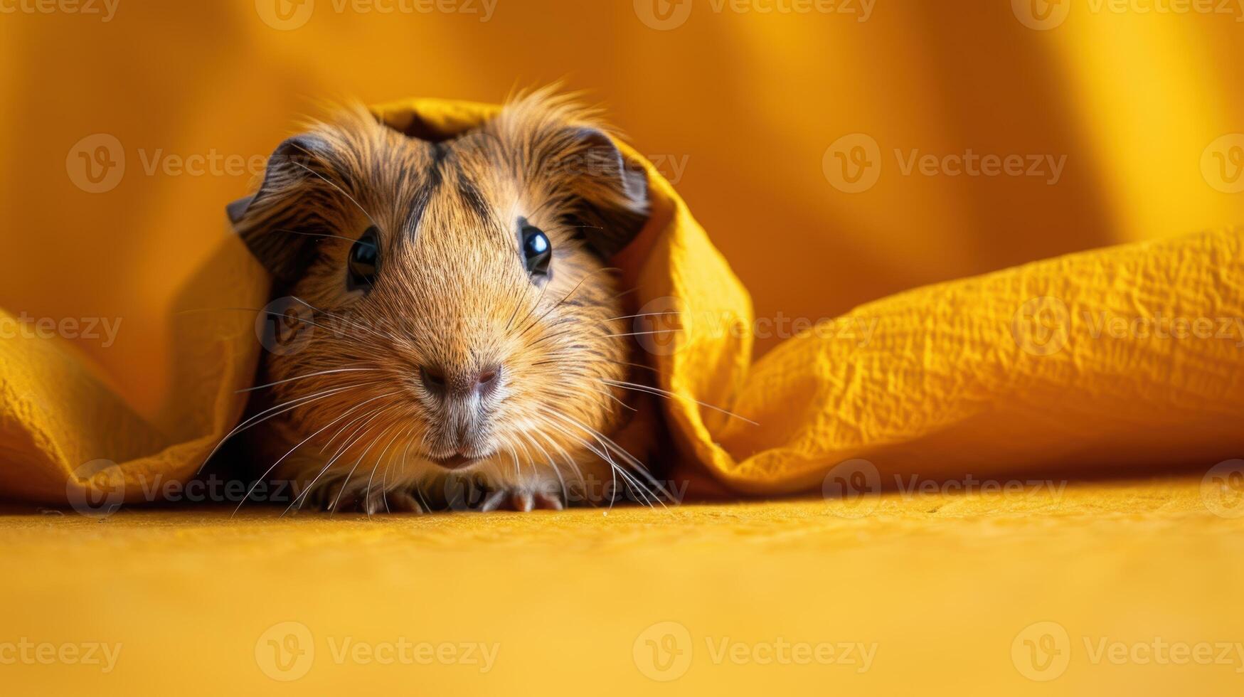 Guinea pig peeking out from under a yellow blanket, displaying a cute and inquisitive face with a cozy backdrop. photo