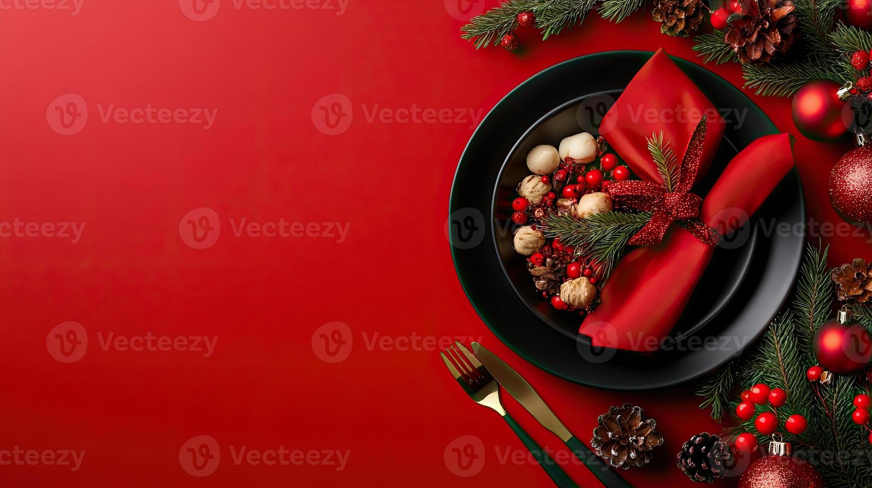 A festive Christmas table setting with black plates, red napkins, and holiday greenery on a red background, creating a luxurious holiday ambiance. photo