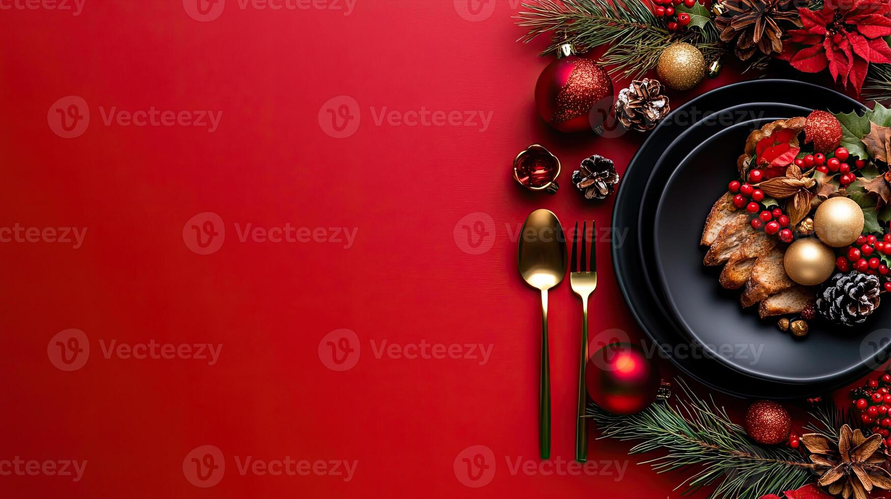 An elegant holiday place setting with black dinnerware, golden cutlery, and festive decorations of pinecones, berries, and red ornaments on a red backdrop. photo
