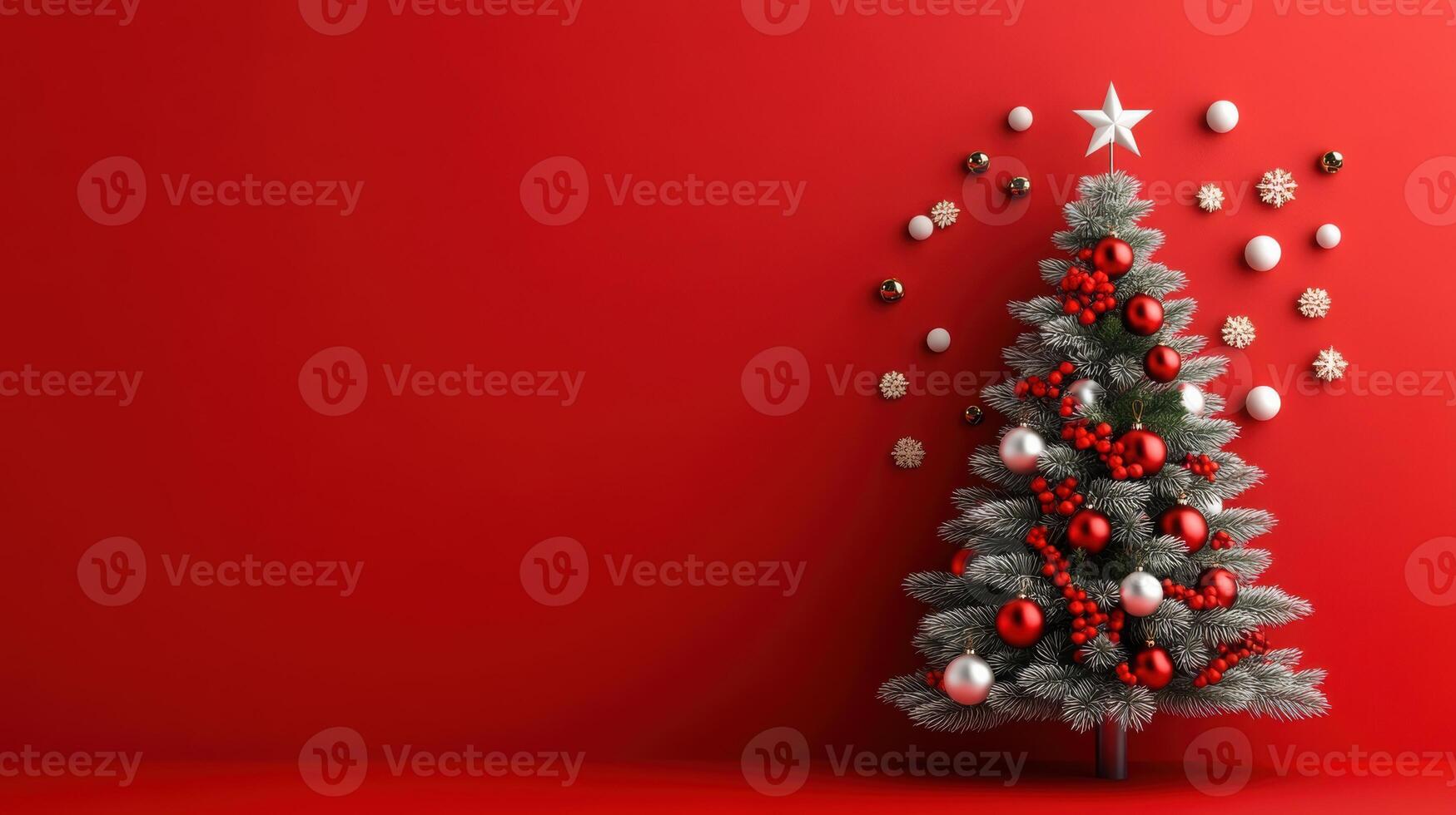 A minimalist Christmas tree embellished with red and white ornaments, standing against a bold red wall, with snowflakes and baubles artistically scattered around photo