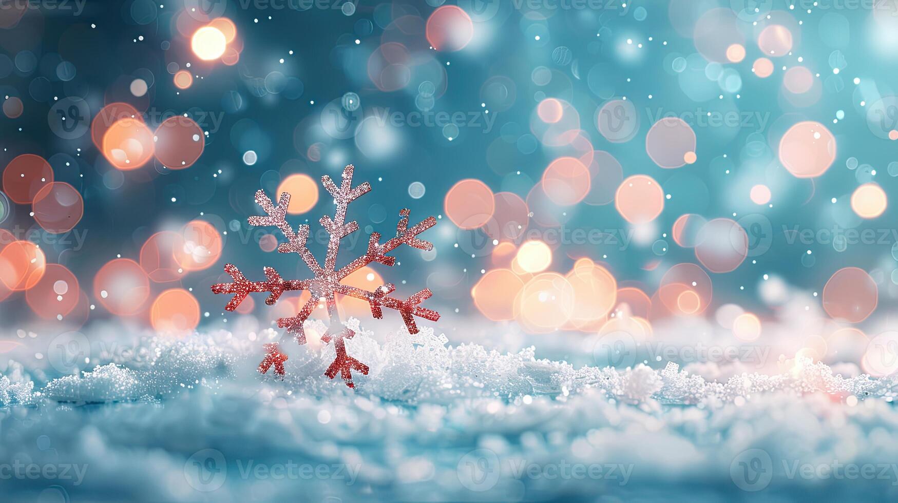 A red and white glitter snowflake ornament standing in a snowy setting with teal and warm bokeh lights in the background, evoking a festive holiday atmosphere. photo