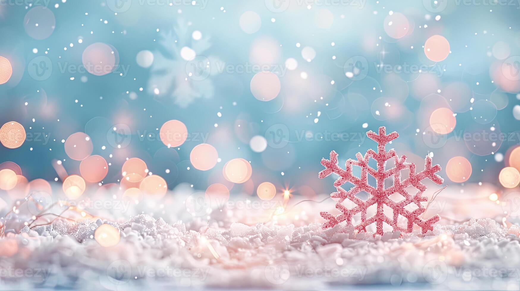 A pink glitter snowflake ornament resting on a bed of snow, surrounded by soft bokeh lights, creating a festive winter scene. photo