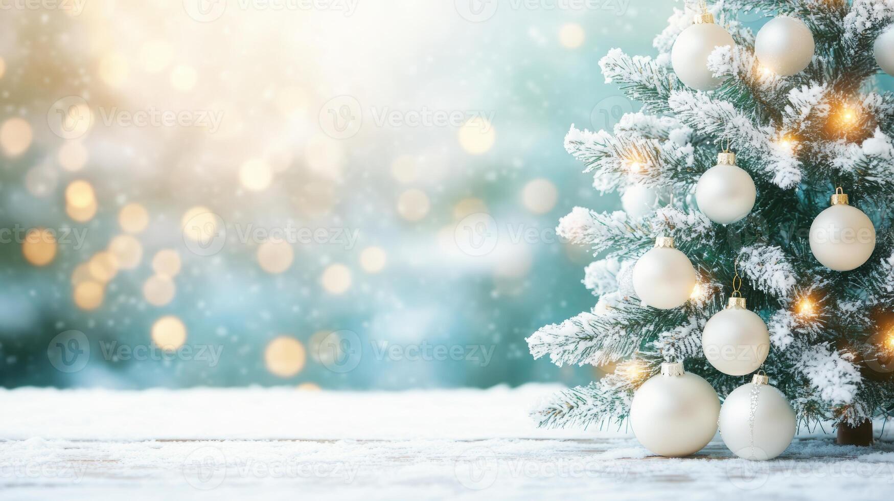 Snowy Christmas tree adorned with white ornaments and twinkling lights, with a softly glowing, festive background. photo