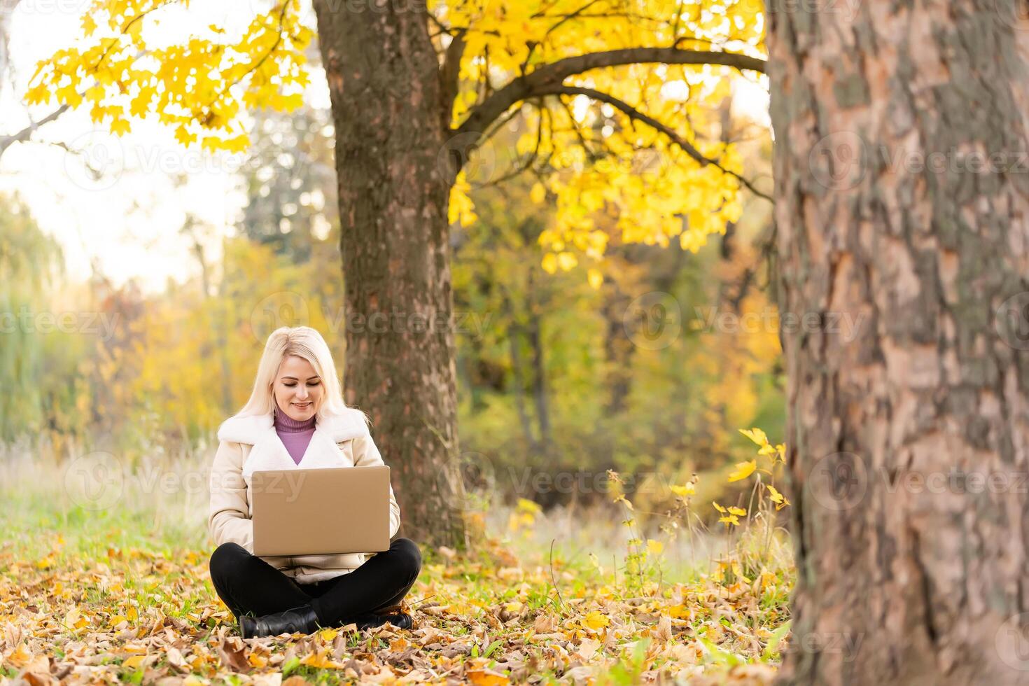 Cute woman with laptop in the autumn park. Beauty nature scene with colorful foliage background, yellow trees and leaves at fall season. Autumn outdoor lifestyle. Happy smiling woman on fall leaves photo