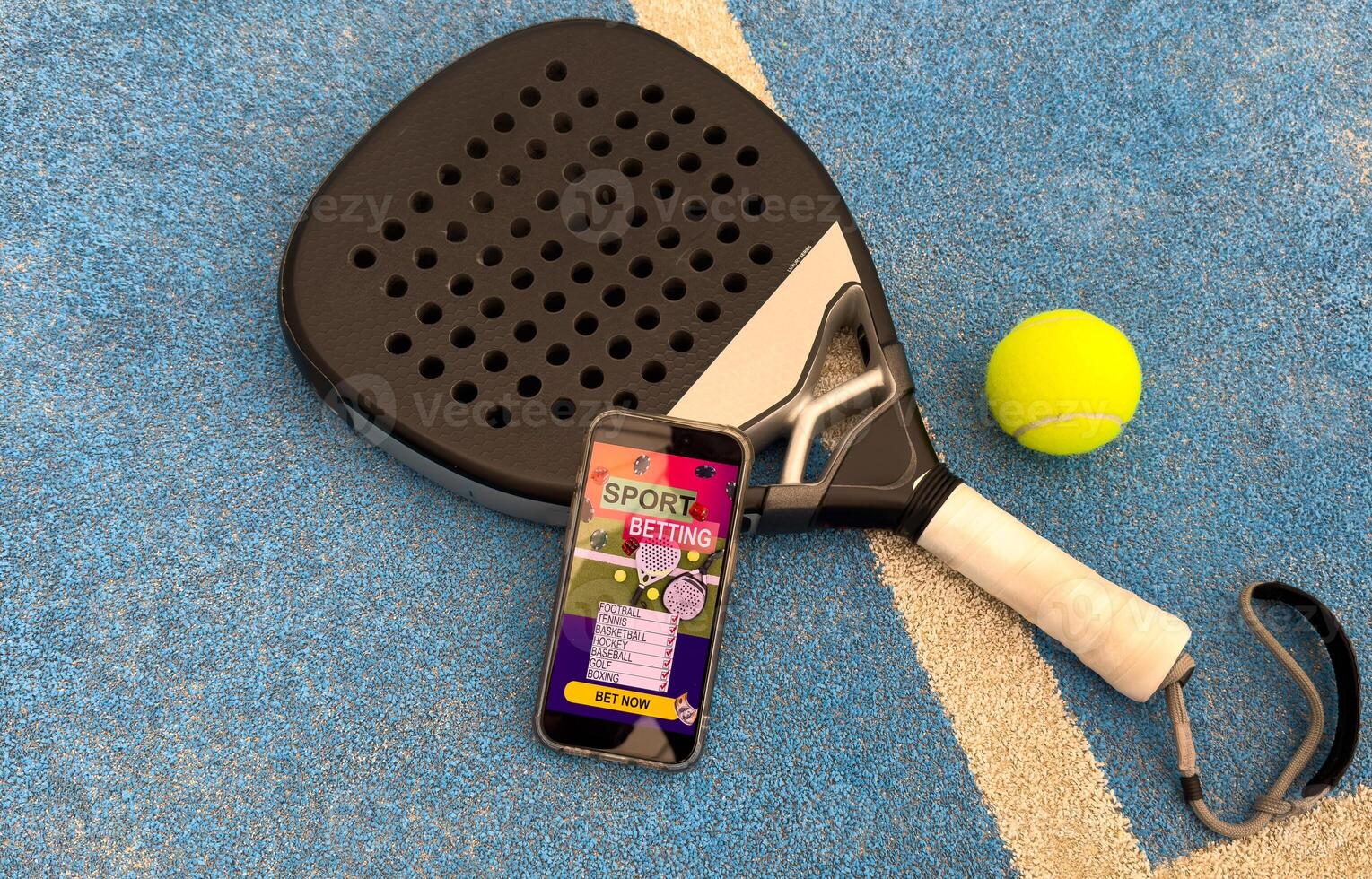 paddel racket and smartphone with bet background photo
