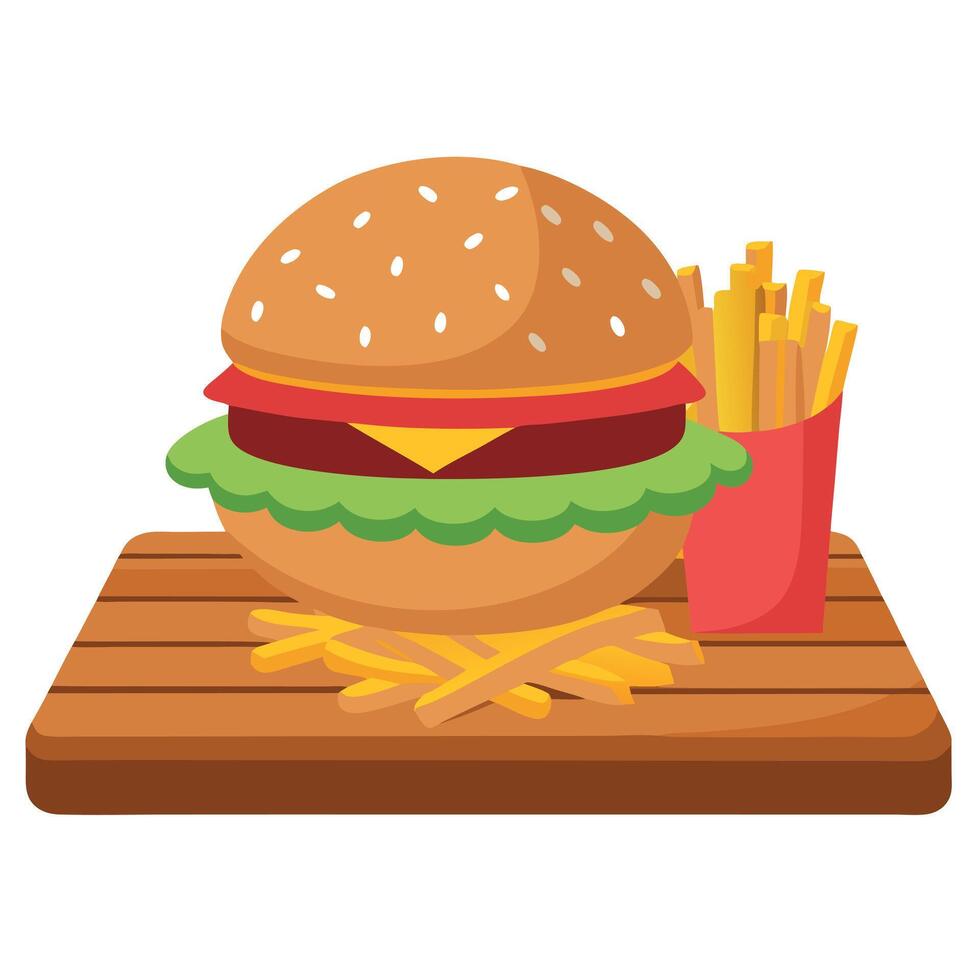 Delicious burger with fries on wooden table vector