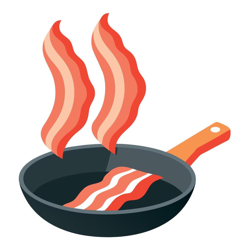 Fresh bacon frying cooking in non stick pan vector