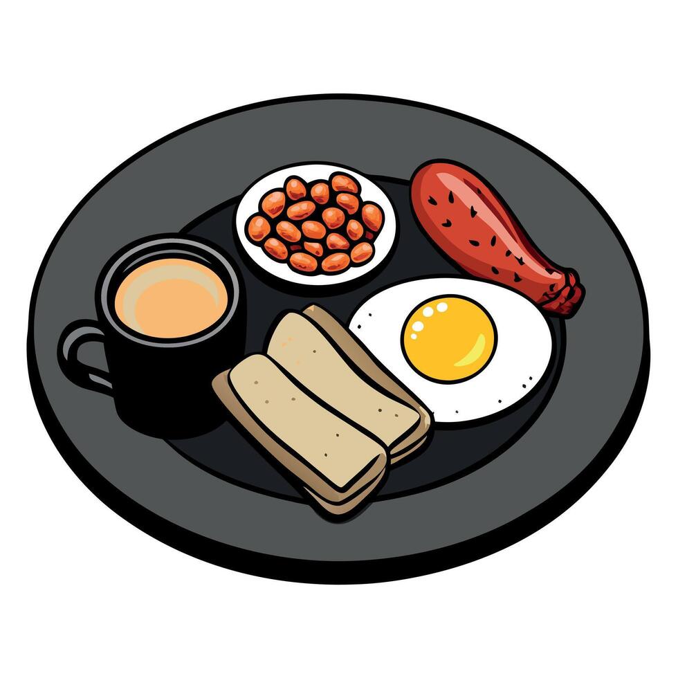 English breakfast on a plate with scrambled eggs. sausages. bacon. beans. toast and coffee on a dark vector