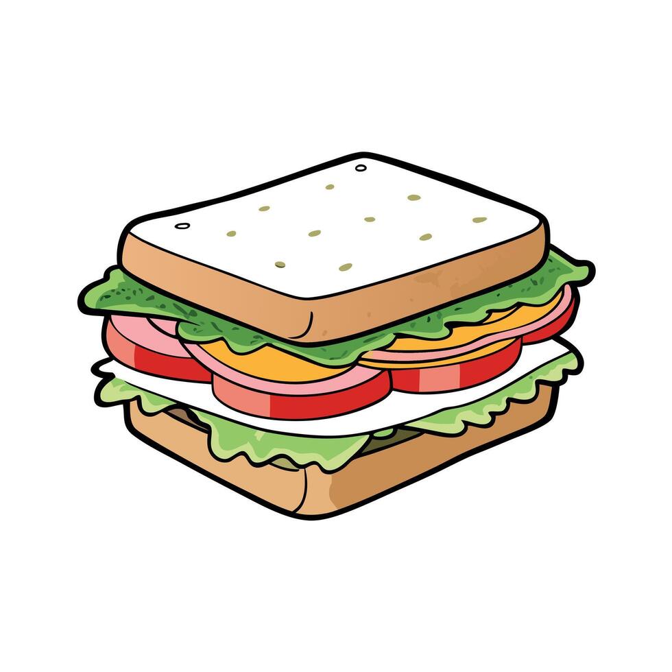 Delicious sandwich with layers of fresh vegetables. ham. and creamy spread. served on grilled bread vector
