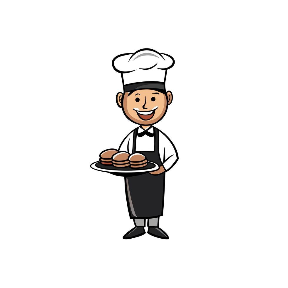 Close up male chef in an black apron holding a tray of grilled burger patties. Barbecue grill party vector