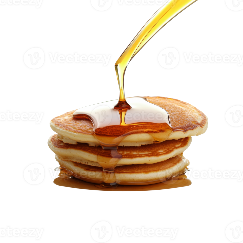 Syrup pouring over stacked pancakes at breakfast transparent png
