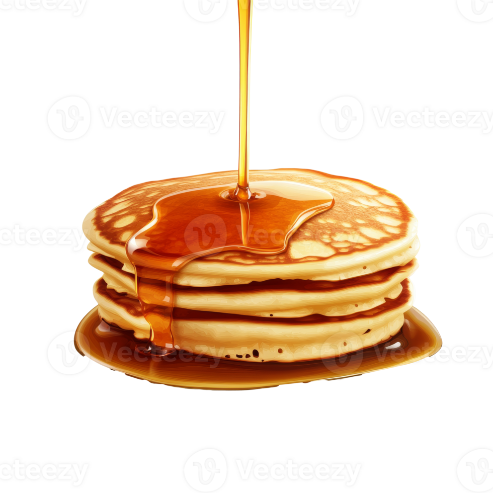 Stack of warm pancakes with syrup drizzling down transparent png