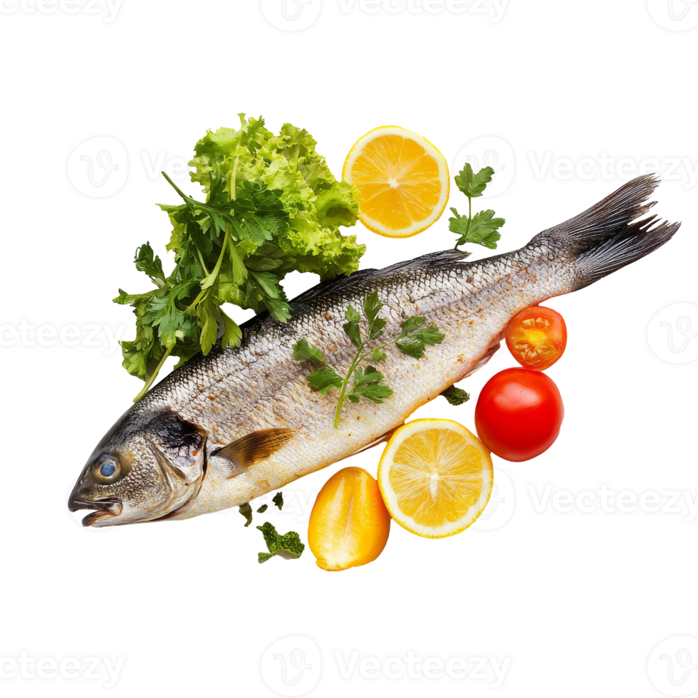Freshly caught fish with herbs and citrus fruits transparent png