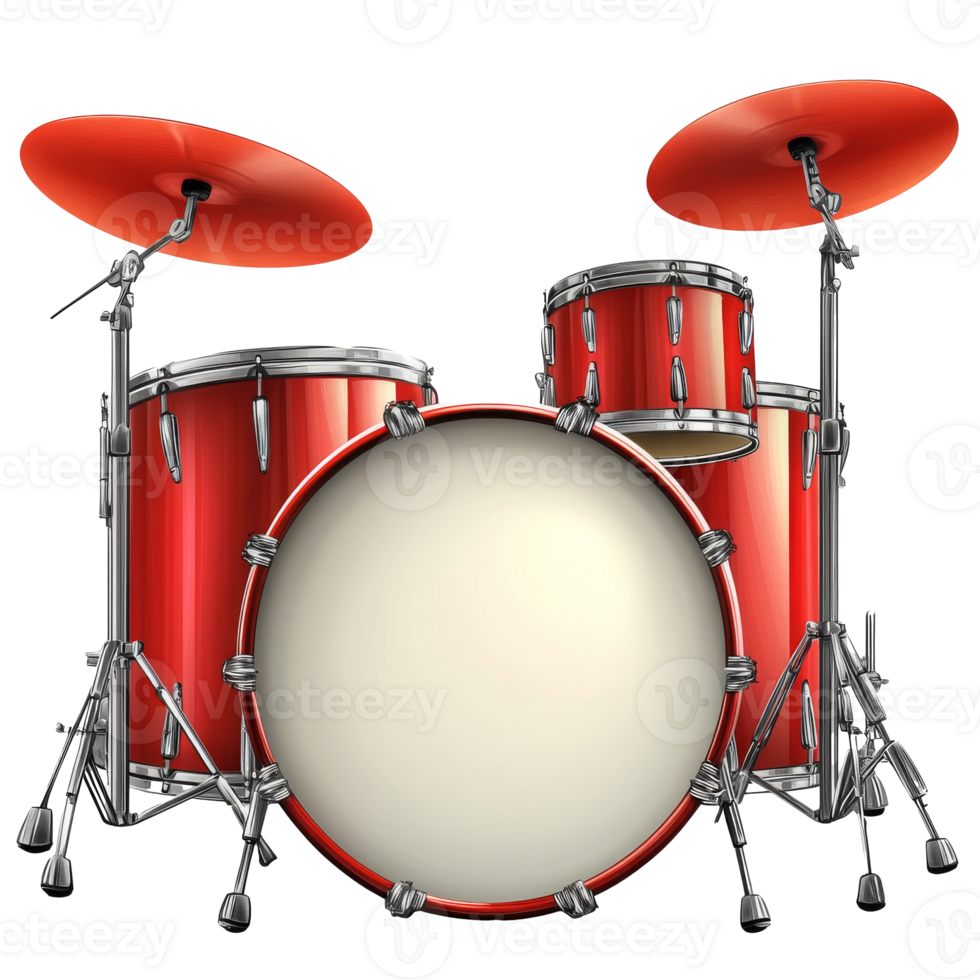 Bright red drum set in a music studio setting transparent png