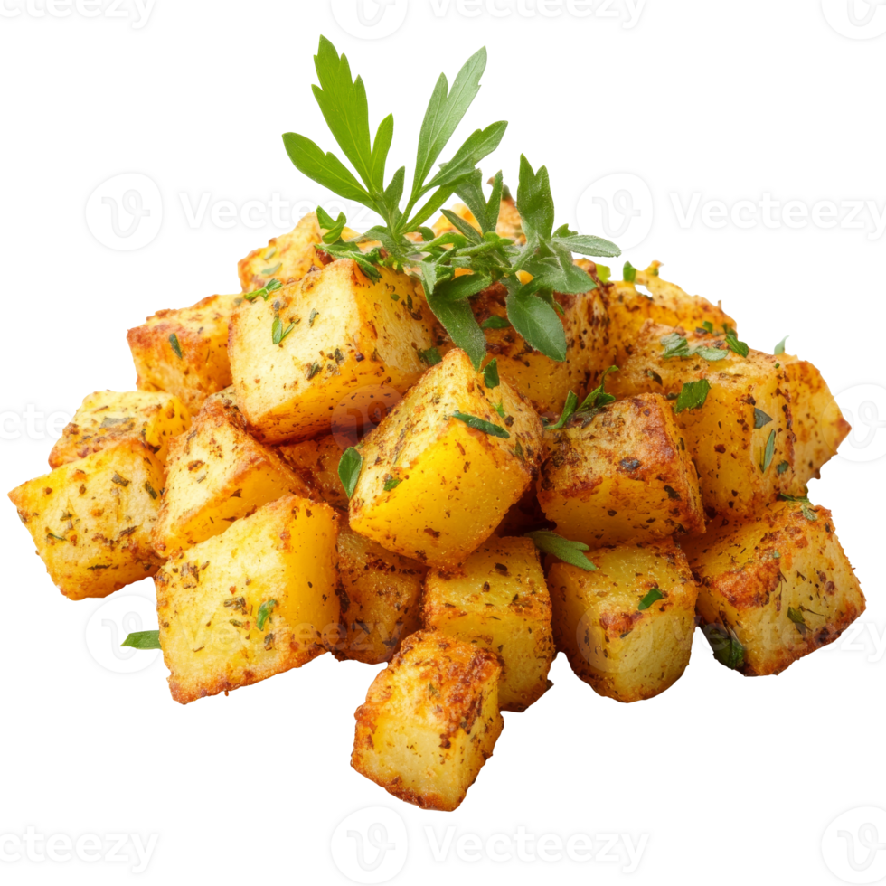 Savory roasted herb potatoes piled on a plate transparent png