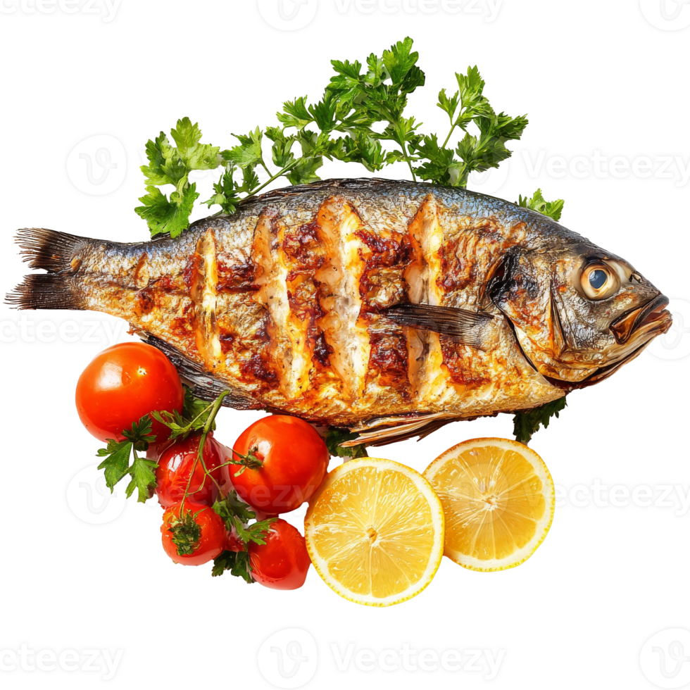 Herb grilled fish with fresh veggies transparent png