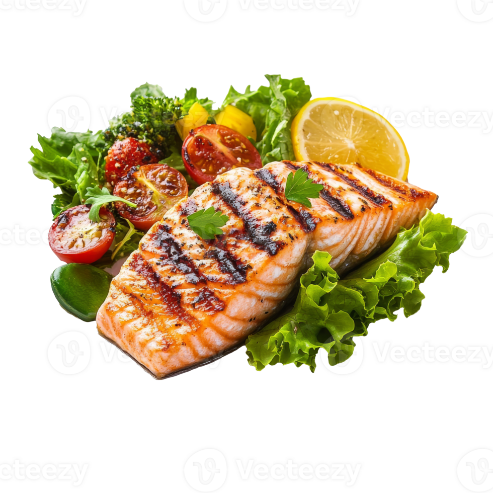 Grilled salmon with fresh salad greens transparent png