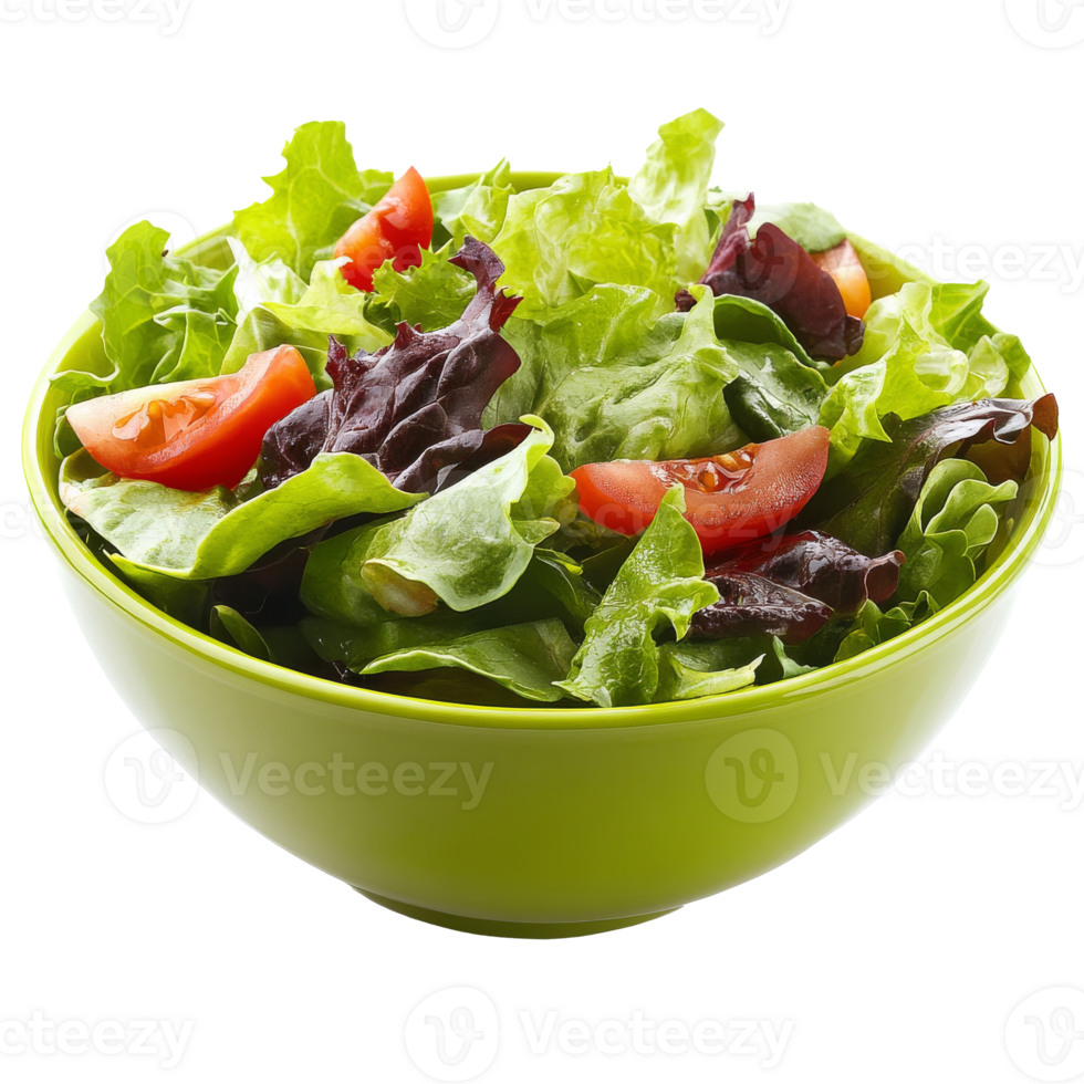 Fresh mixed salad with tomatoes in a green bowl transparent png