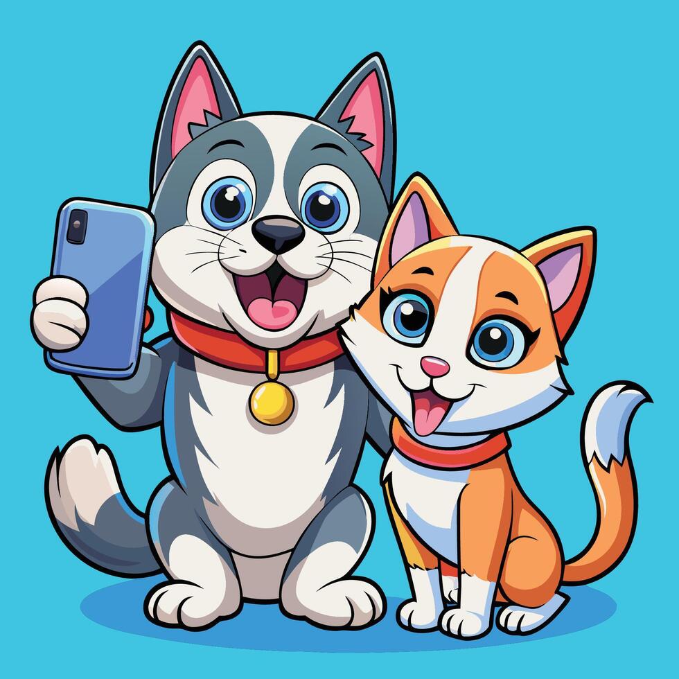 Adorable Husky Dog and Cat Taking a Cute Selfie with a Phone vector