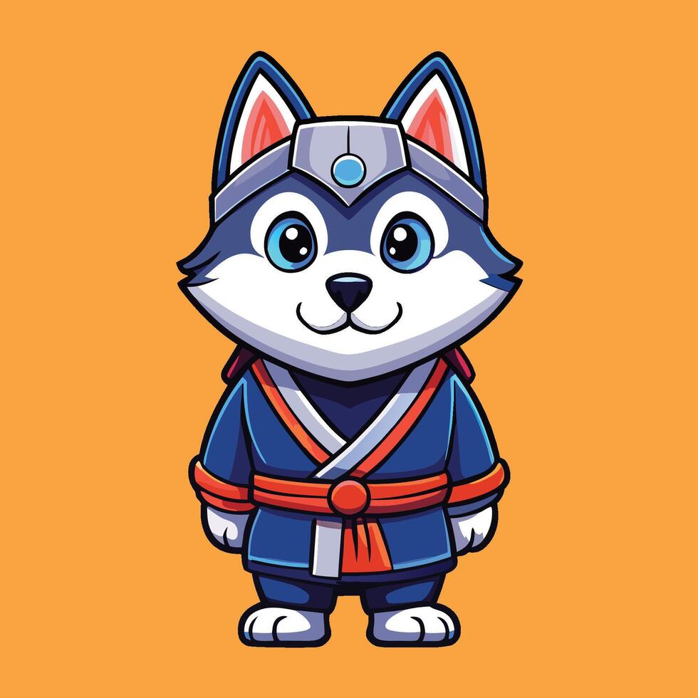 Adorable Cartoon Icon Illustration of a Husky Dog Dressed as a Samurai vector