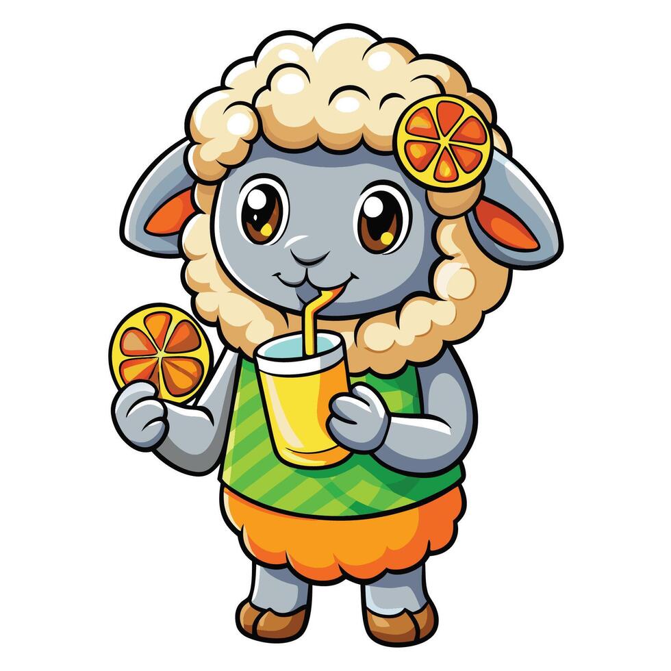 Adorable Hawaiian Sheep Enjoying a Refreshing Orange Juice Cartoon Illustration vector