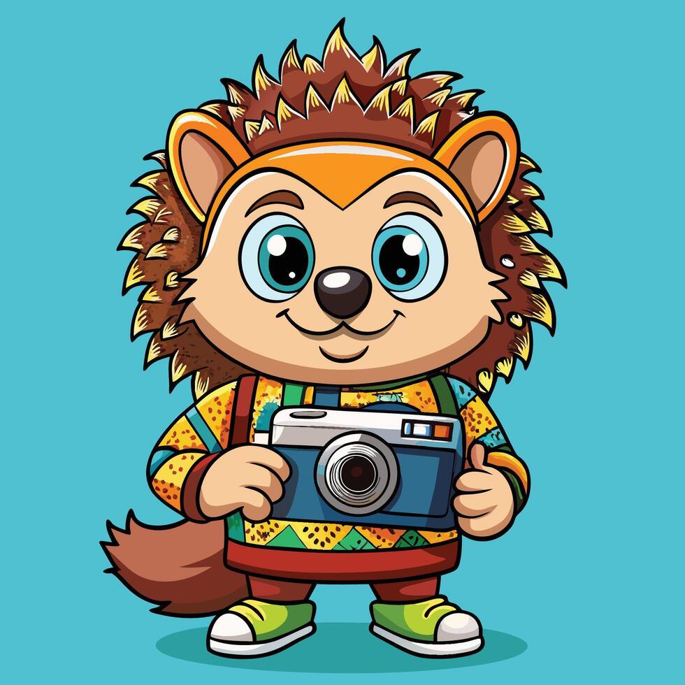 Adorable Cartoon Hedgehog Holding a Camera with a Grin vector