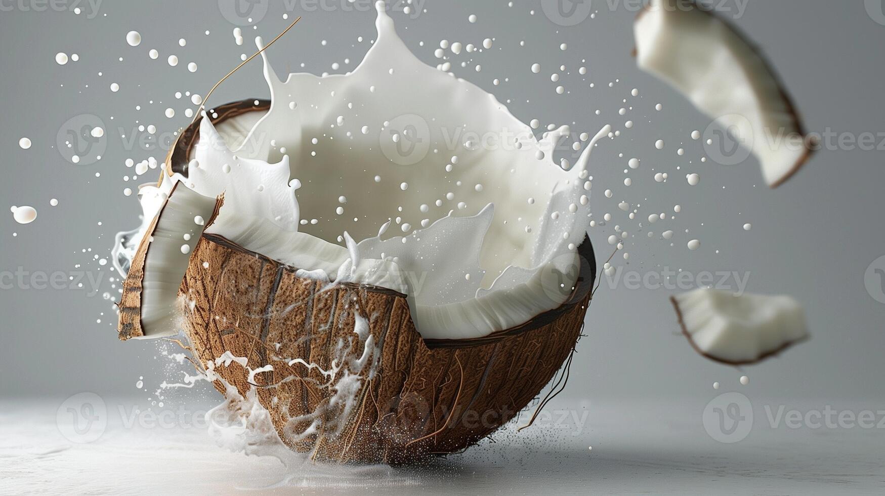 Dynamic coconut slice flowing milk water for branding ingredient photo