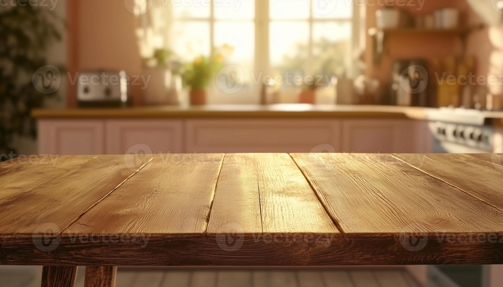 Brown wooden table kitchen counter display copy space with blurred light background photo