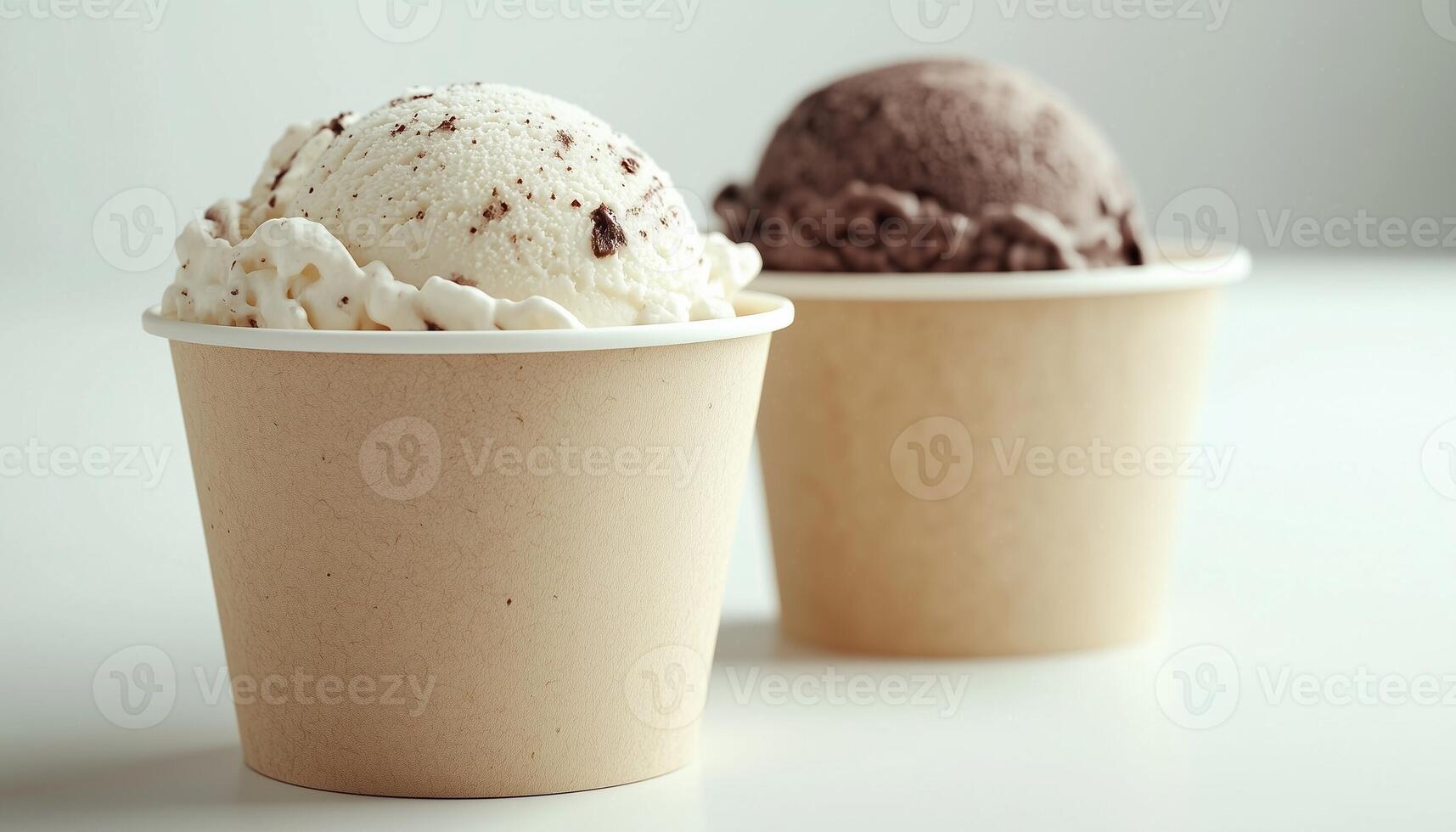 Ice cream scoop on craft paper cup disposable take away cold dessert in white table photo