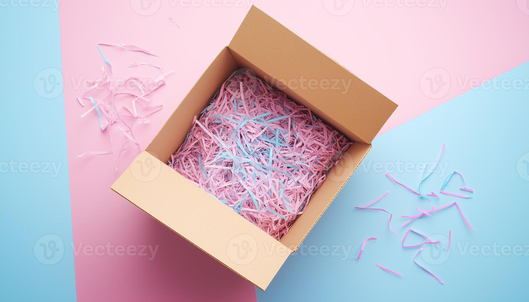 Cardboard box with shredded paper safety fragile product delivery shipment photo
