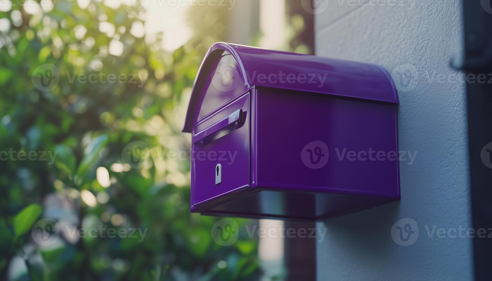 Mail box purple metal in front fence house container shipment paper or news photo